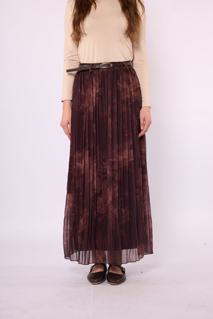 Dark Brown Patterned Chiffon Skirt with Belt Detail