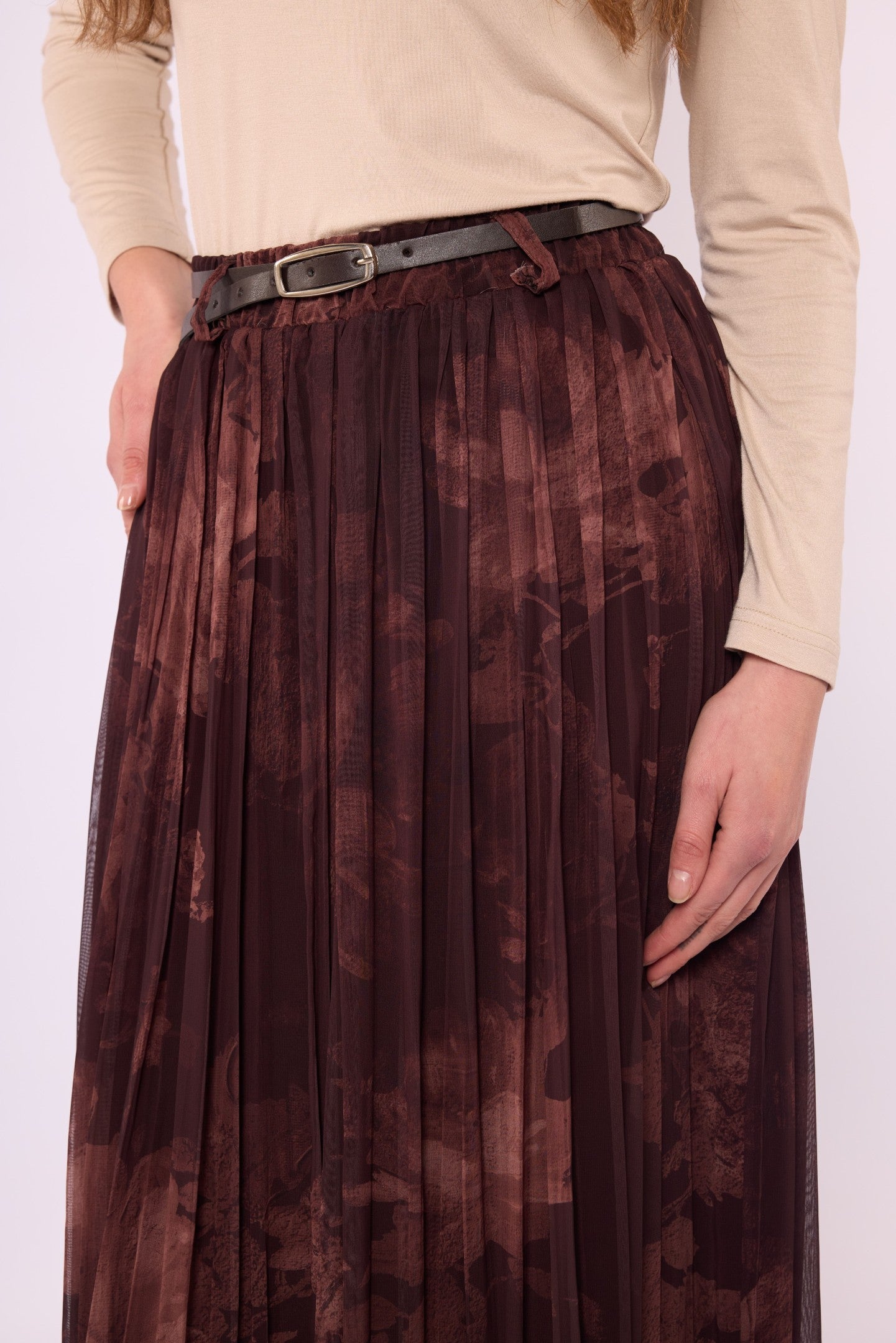 Dark Brown Patterned Chiffon Skirt with Belt Detail