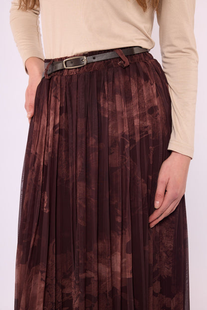 Dark Brown Patterned Chiffon Skirt with Belt Detail