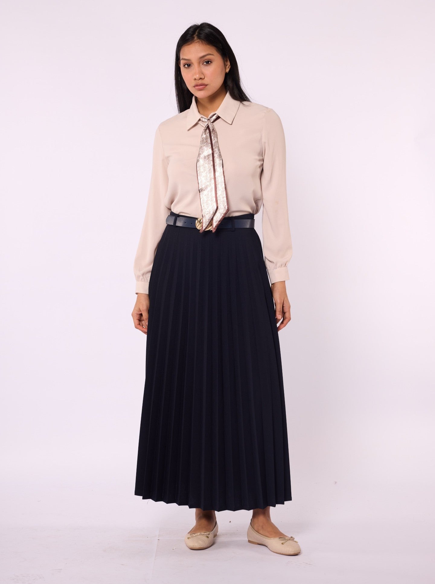 Pleated Stretch Fabric Skirt With Belt Detail