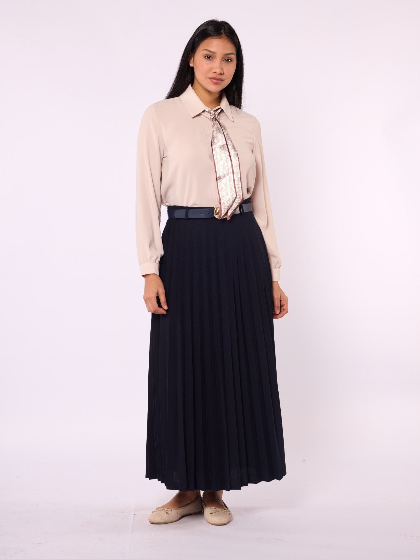 Pleated Stretch Fabric Skirt With Belt Detail