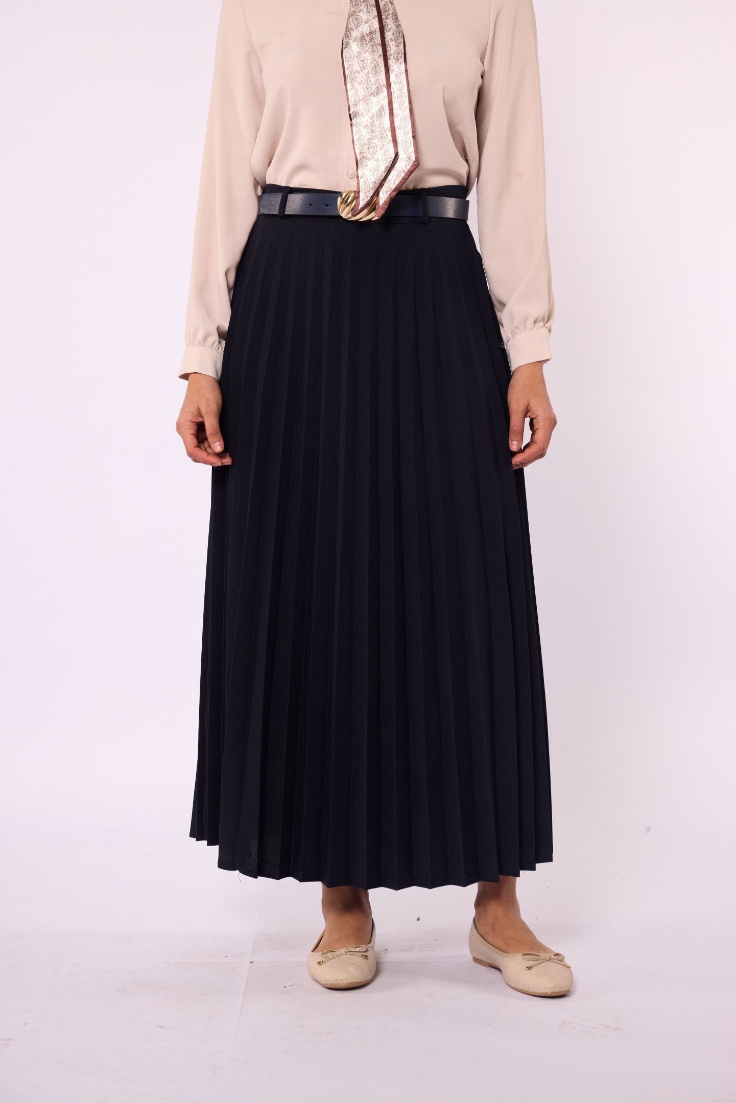 Pleated Stretch Fabric Skirt With Belt Detail