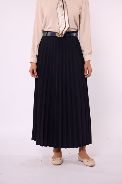 Pleated Stretch Fabric Skirt With Belt Detail