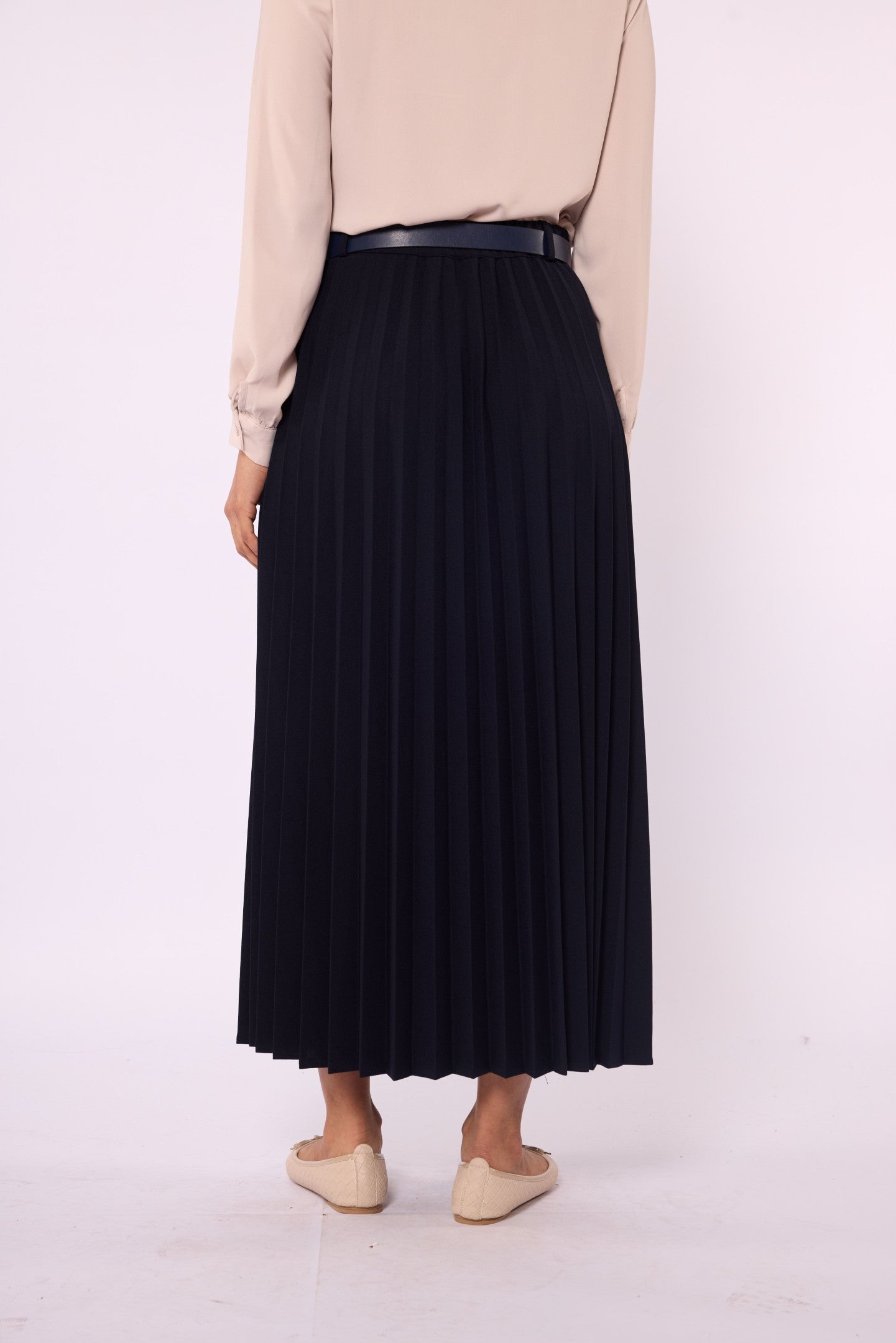 Pleated Stretch Fabric Skirt With Belt Detail