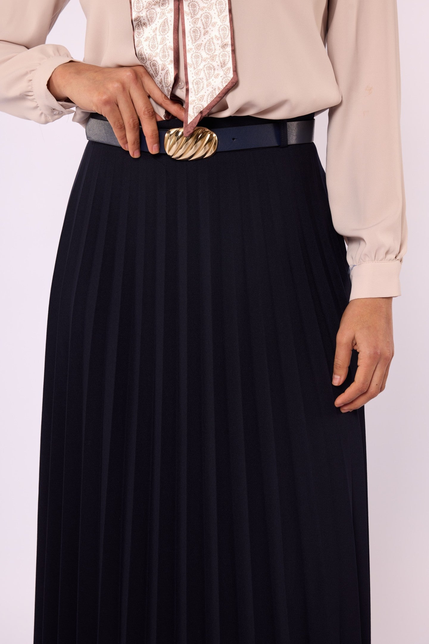 Pleated Stretch Fabric Skirt With Belt Detail