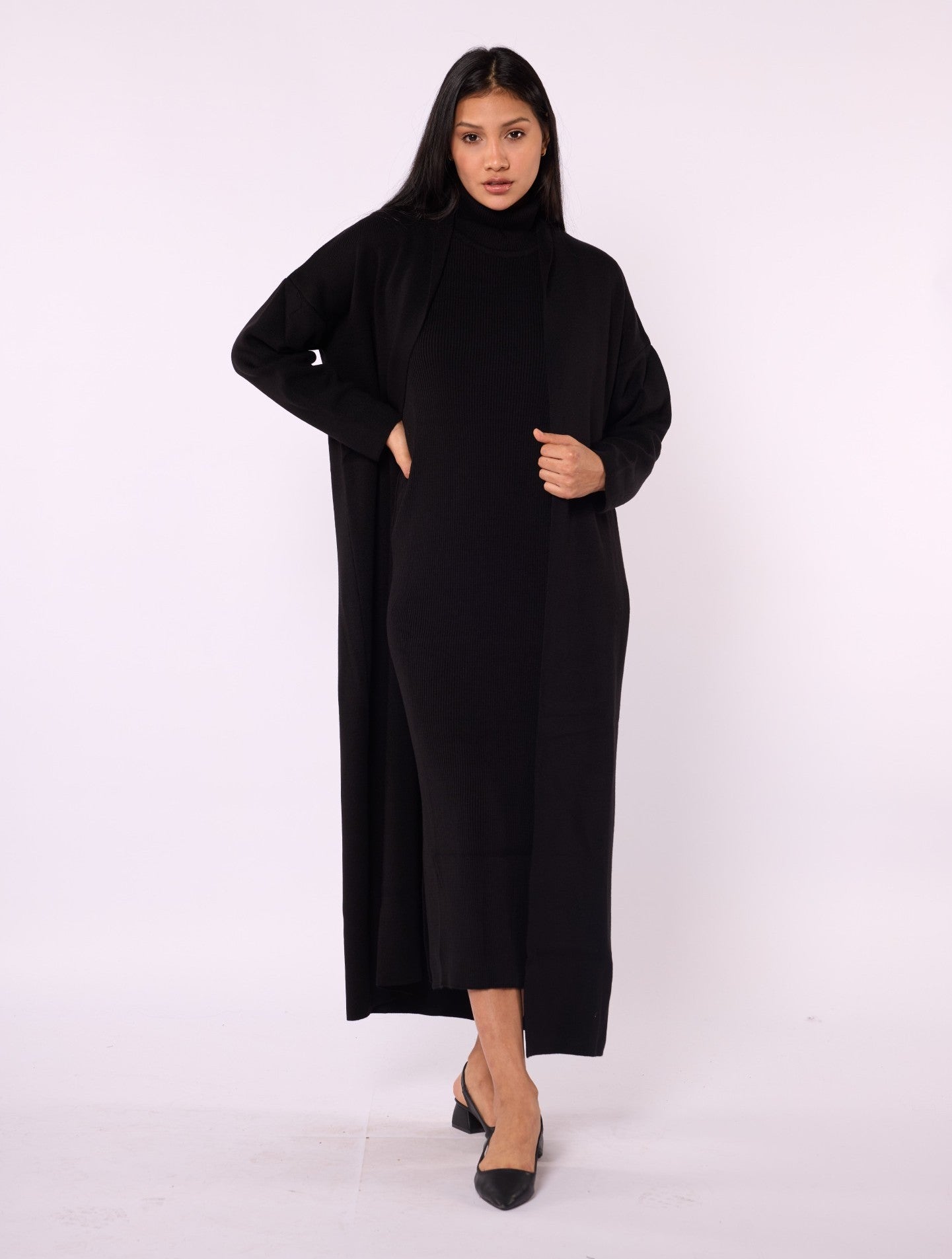 Ribbed Knit Turtleneck Dress and Shawl Collar Cardigan Set
