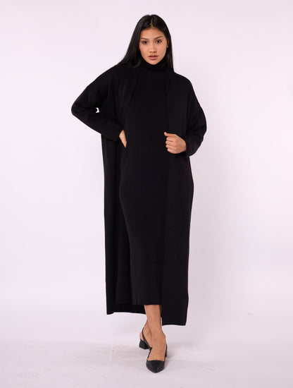 Ribbed Knit Turtleneck Dress and Shawl Collar Cardigan Set