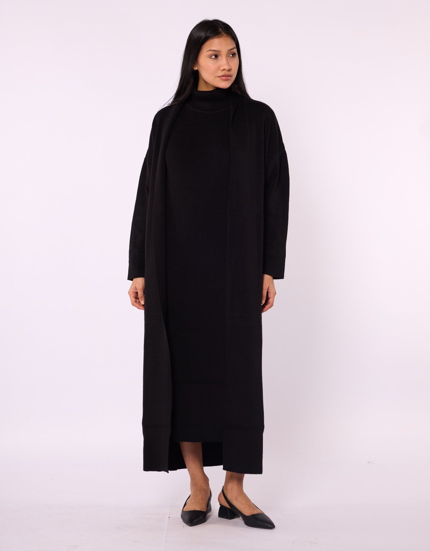Ribbed Knit Turtleneck Dress and Shawl Collar Cardigan Set