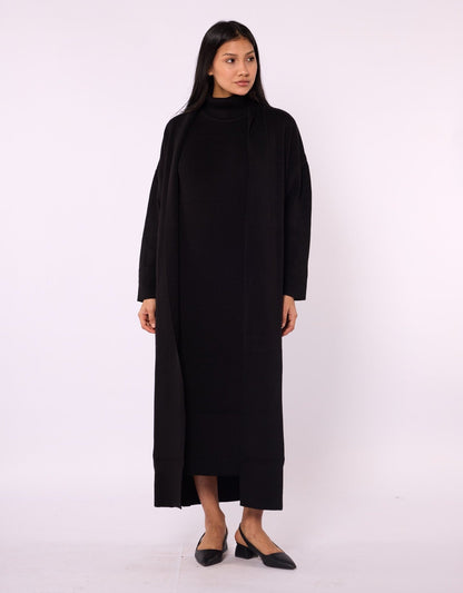 Ribbed Knit Turtleneck Dress and Shawl Collar Cardigan Set