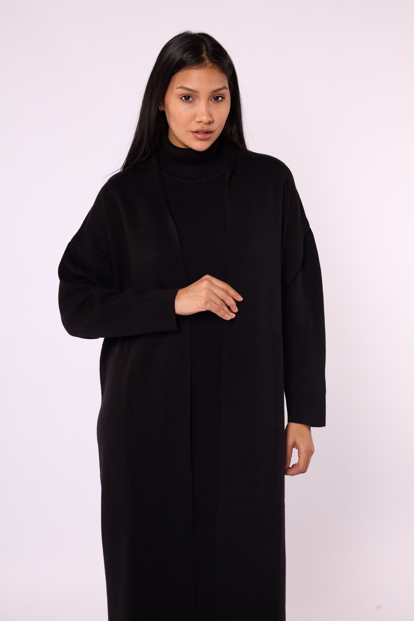 Ribbed Knit Turtleneck Dress and Shawl Collar Cardigan Set