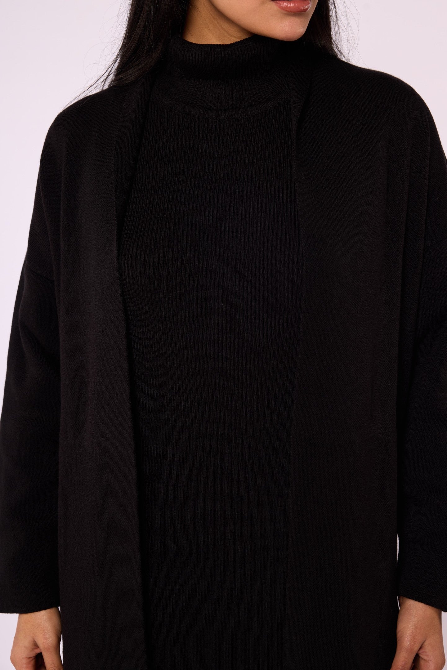 Ribbed Knit Turtleneck Dress and Shawl Collar Cardigan Set
