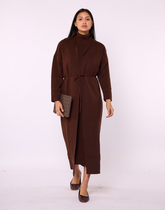 Ribbed Knit Turtleneck Dress and Shawl Collar Cardigan Set