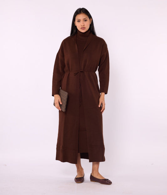 Ribbed Knit Turtleneck Dress and Shawl Collar Cardigan Set