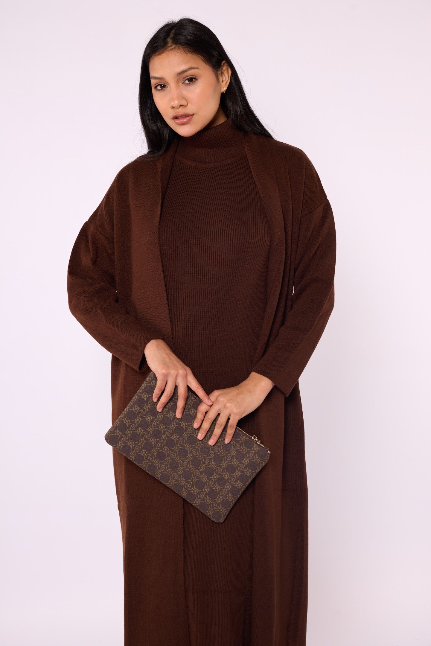 Ribbed Knit Turtleneck Dress and Shawl Collar Cardigan Set