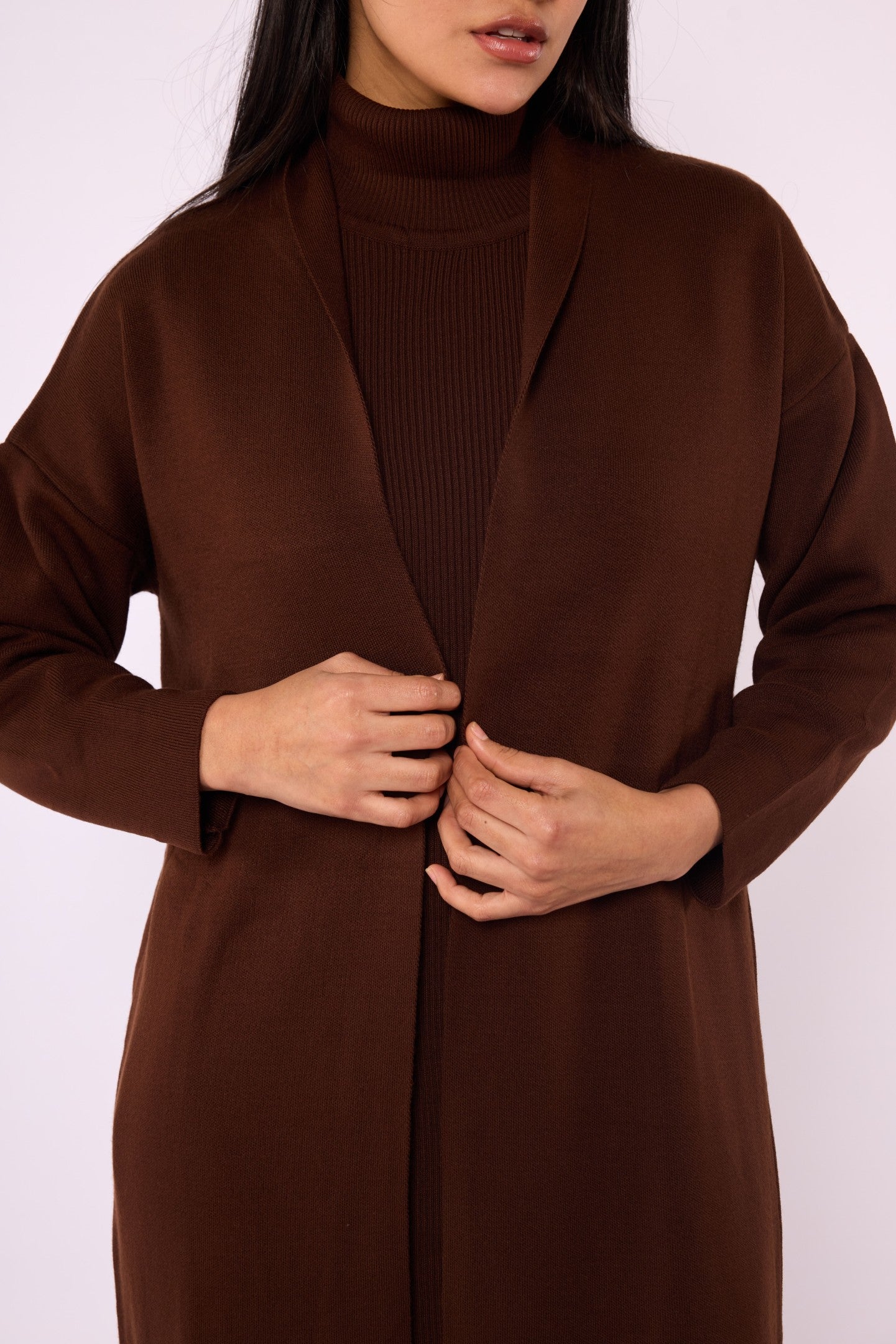 Ribbed Knit Turtleneck Dress and Shawl Collar Cardigan Set