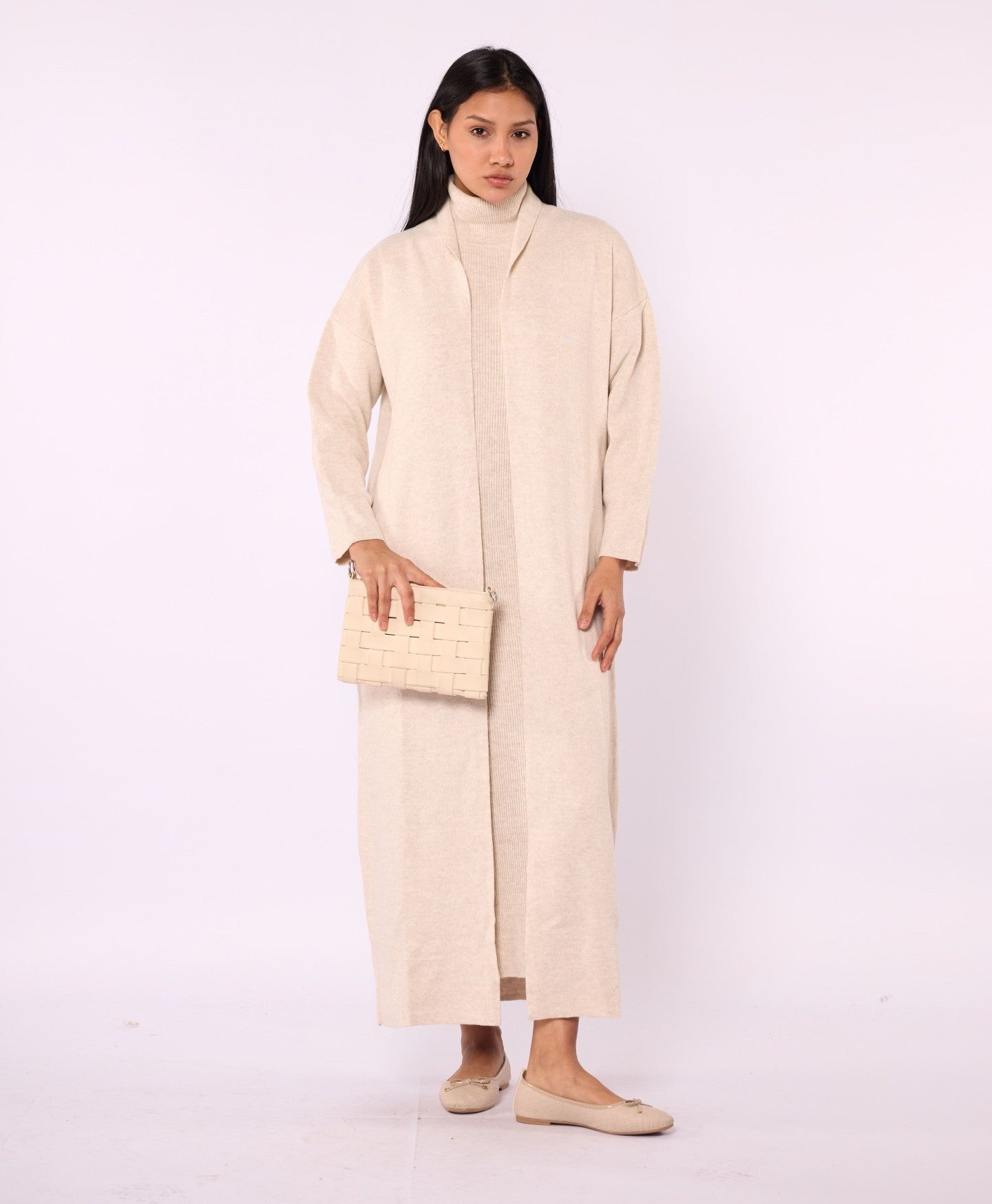 Ribbed Knit Turtleneck Dress and Shawl Collar Cardigan Set