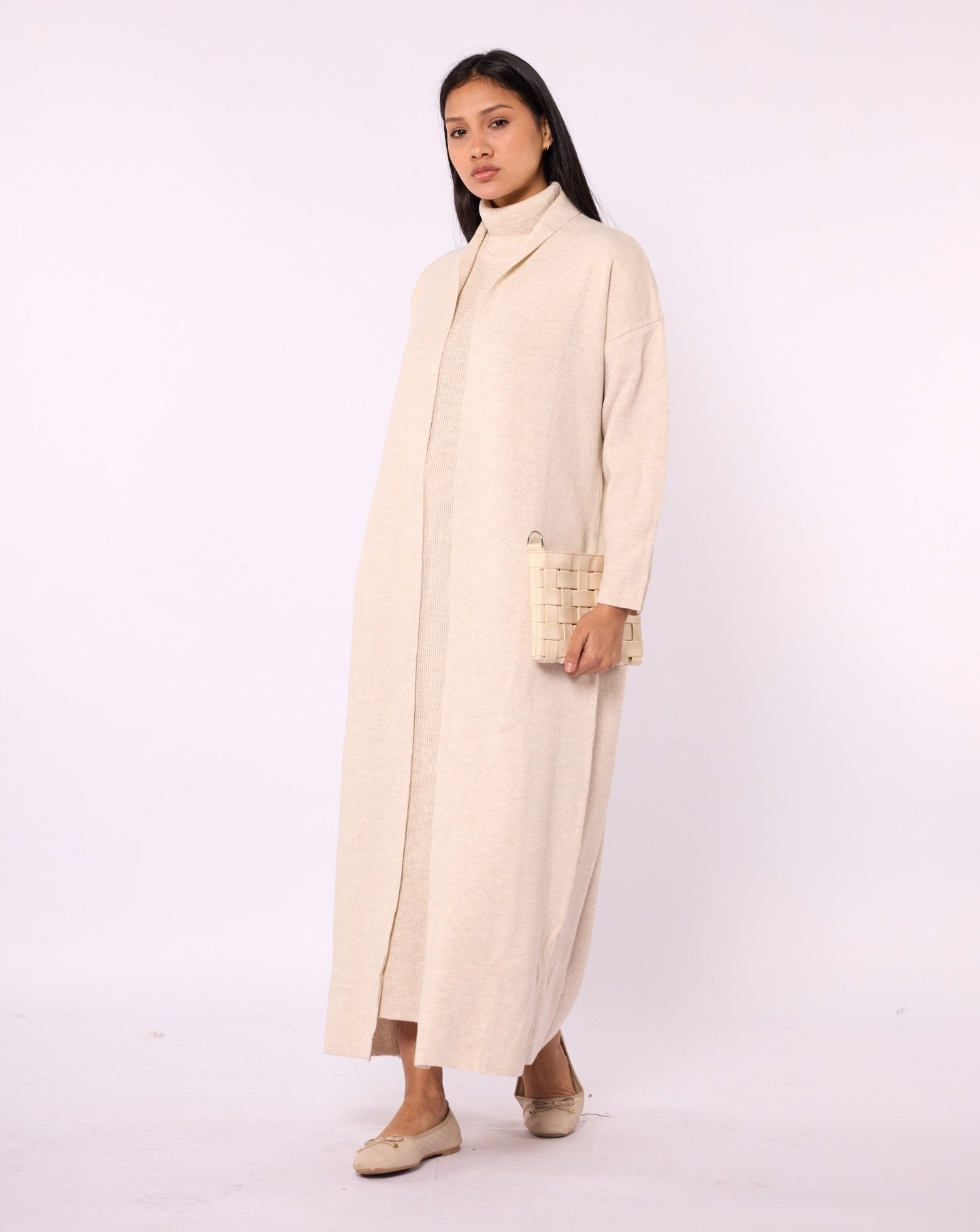 Ribbed Knit Turtleneck Dress and Shawl Collar Cardigan Set