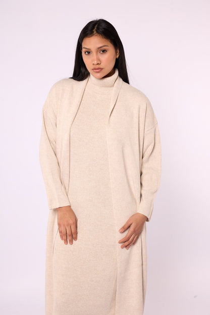 Ribbed Knit Turtleneck Dress and Shawl Collar Cardigan Set