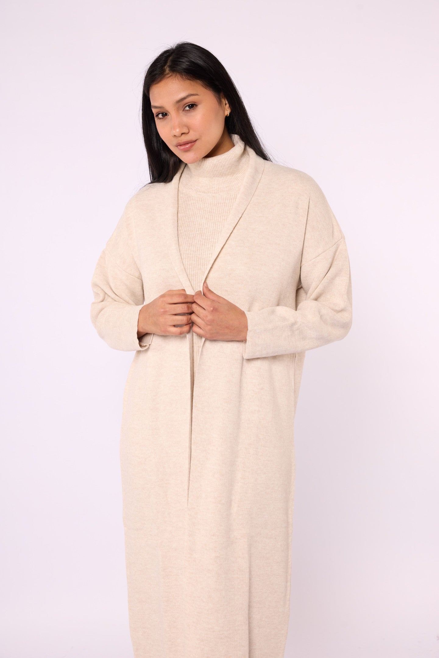 Ribbed Knit Turtleneck Dress and Shawl Collar Cardigan Set
