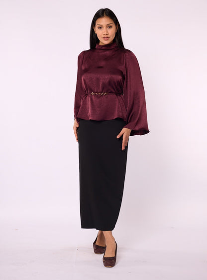 Mandarin Collar Blouse with Waist Tie and Wide Sleeves