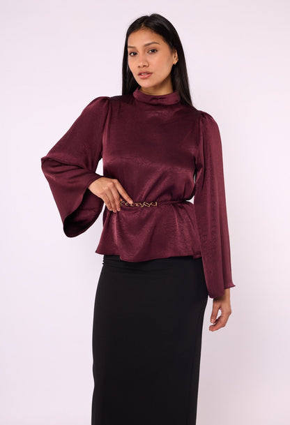 Mandarin Collar Blouse with Waist Tie and Wide Sleeves