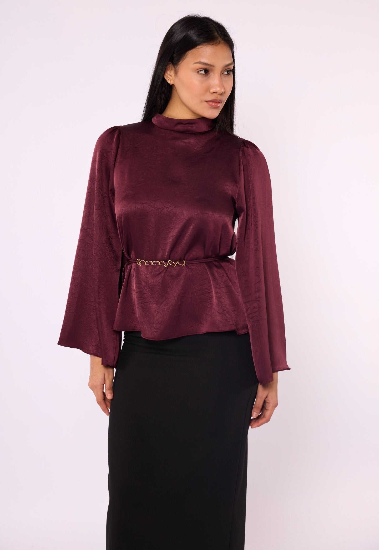 Mandarin Collar Blouse with Waist Tie and Wide Sleeves