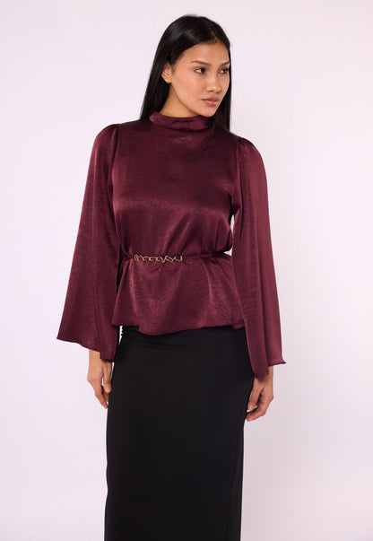Mandarin Collar Blouse with Waist Tie and Wide Sleeves