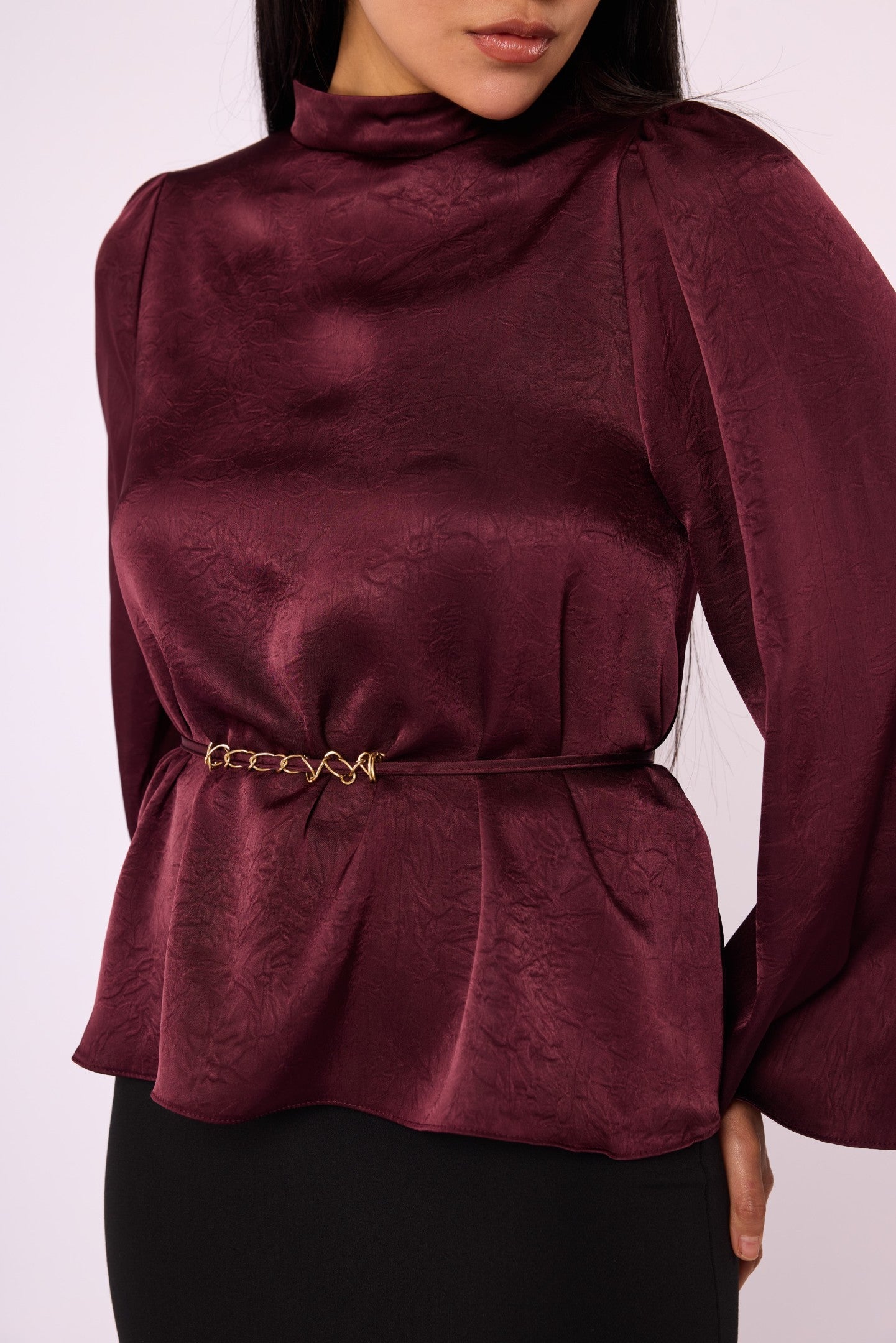 Mandarin Collar Blouse with Waist Tie and Wide Sleeves