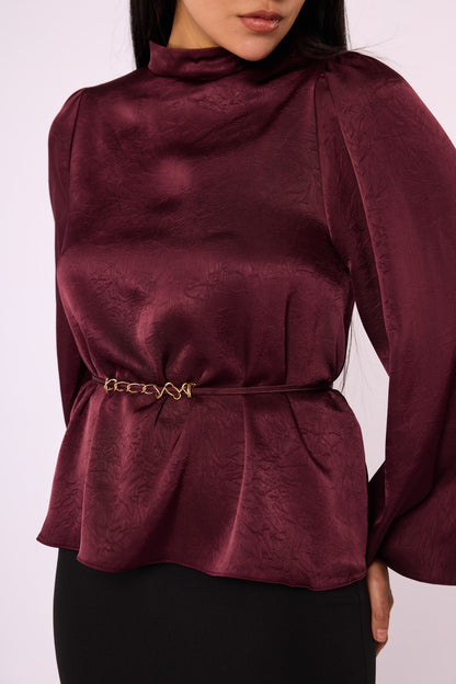 Mandarin Collar Blouse with Waist Tie and Wide Sleeves