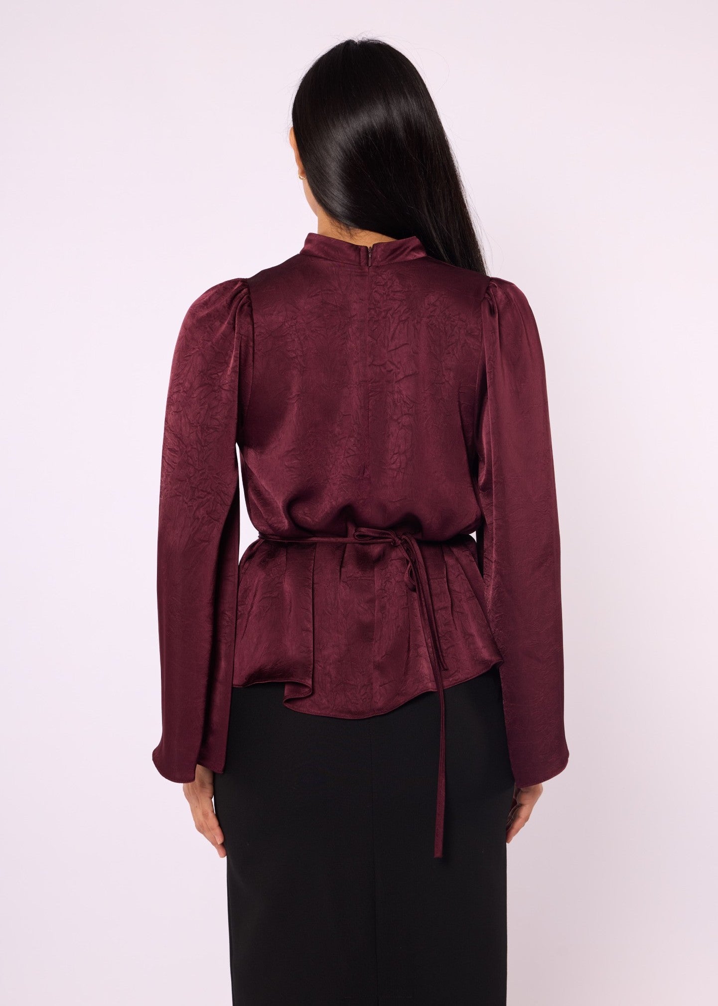 Mandarin Collar Blouse with Waist Tie and Wide Sleeves