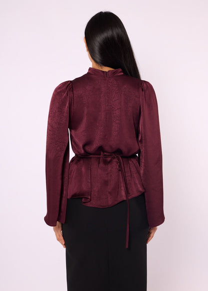 Mandarin Collar Blouse with Waist Tie and Wide Sleeves