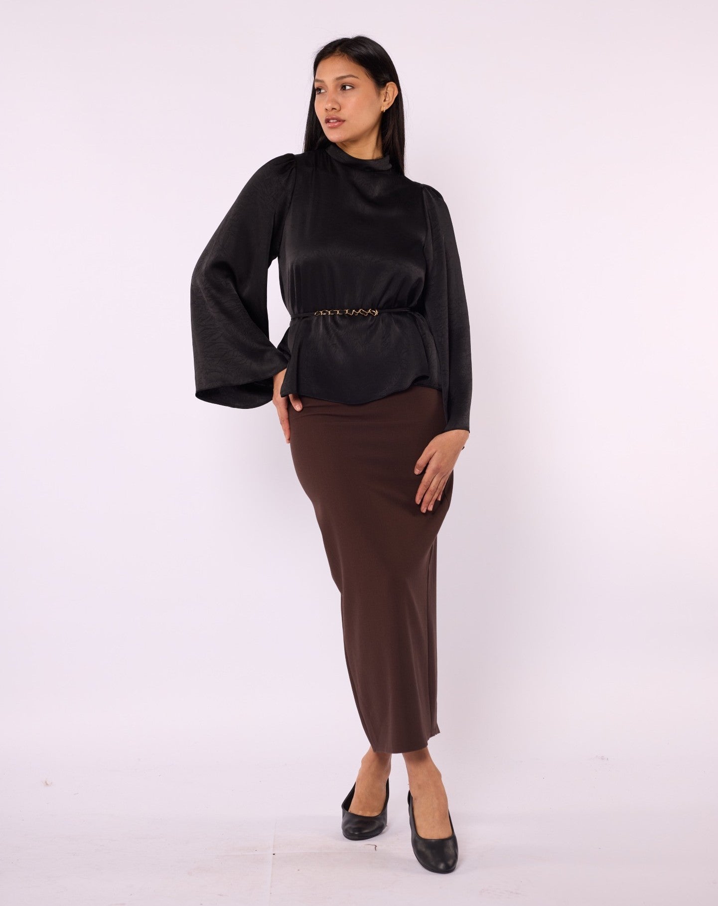 High-Waist Black Straight Long Skirt