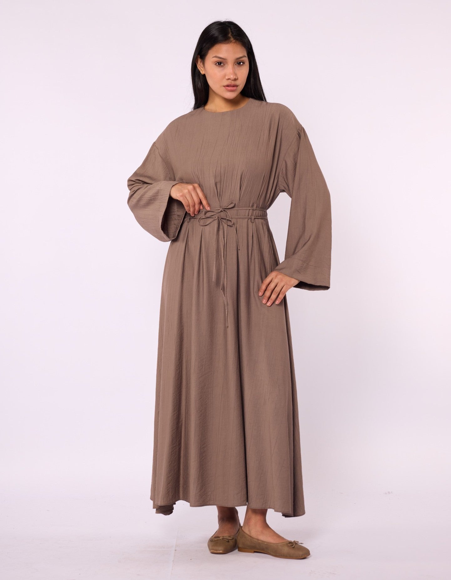 Pleated Long Dress with Waist Tie Detail