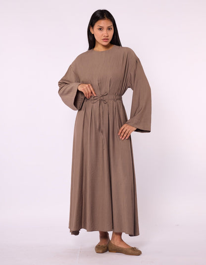 Pleated Long Dress with Waist Tie Detail