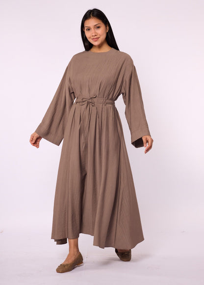 Pleated Long Dress with Waist Tie Detail