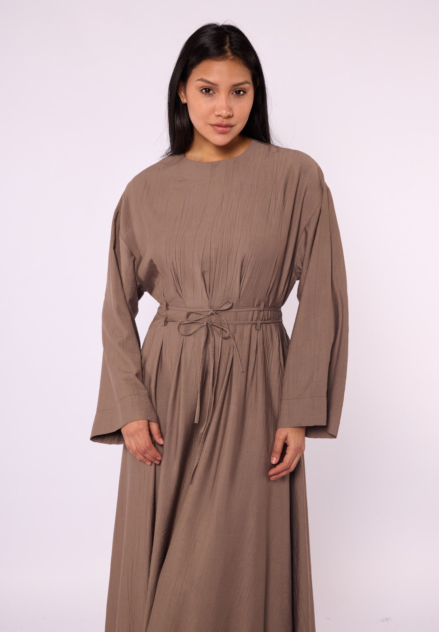Pleated Long Dress with Waist Tie Detail