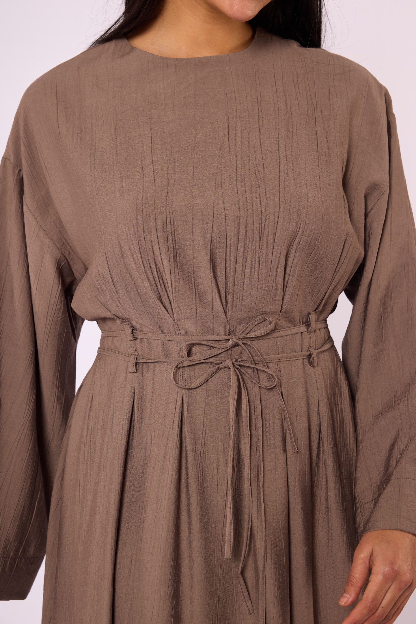 Pleated Long Dress with Waist Tie Detail