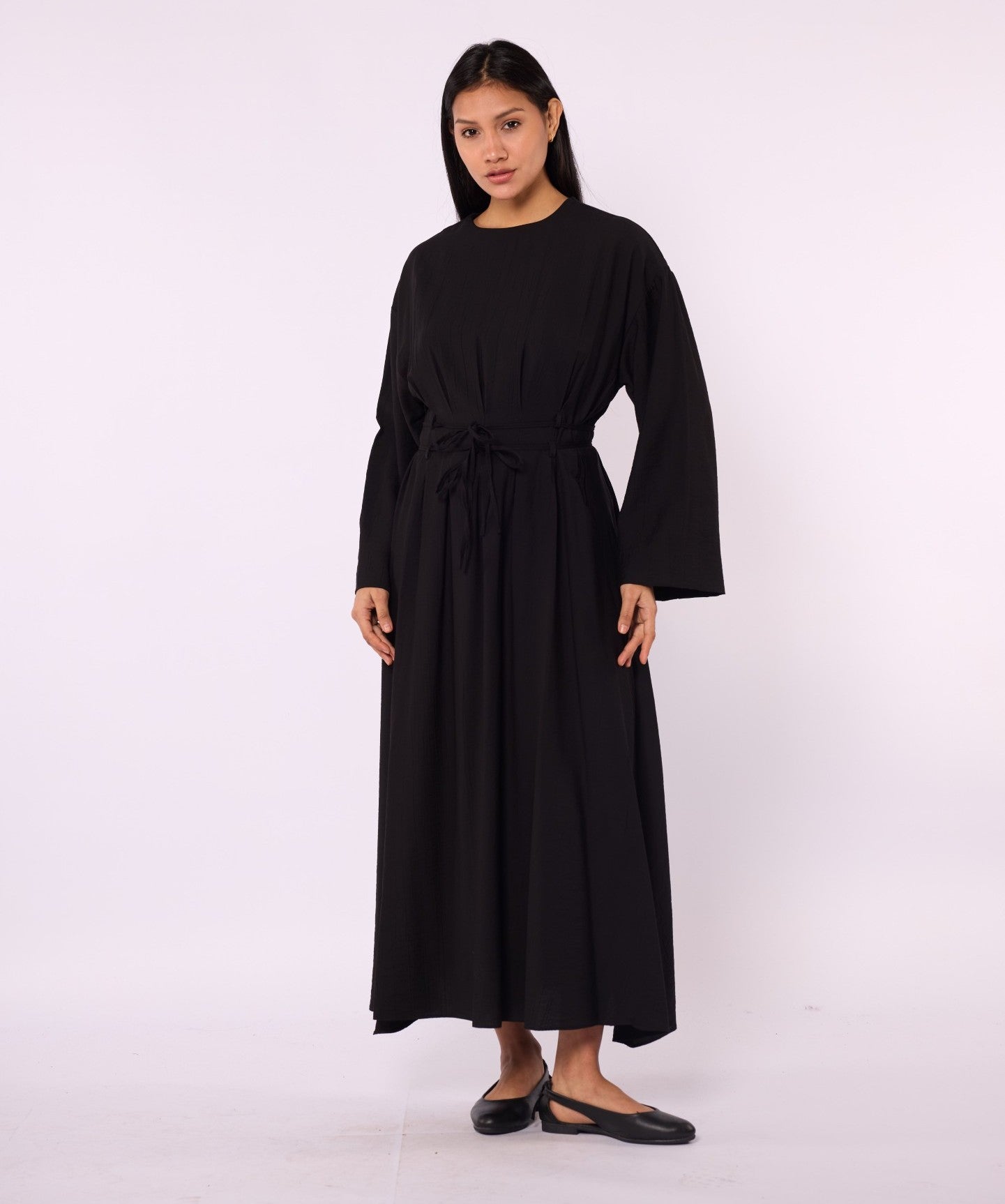 Pleated Long Dress with Waist Tie Detail