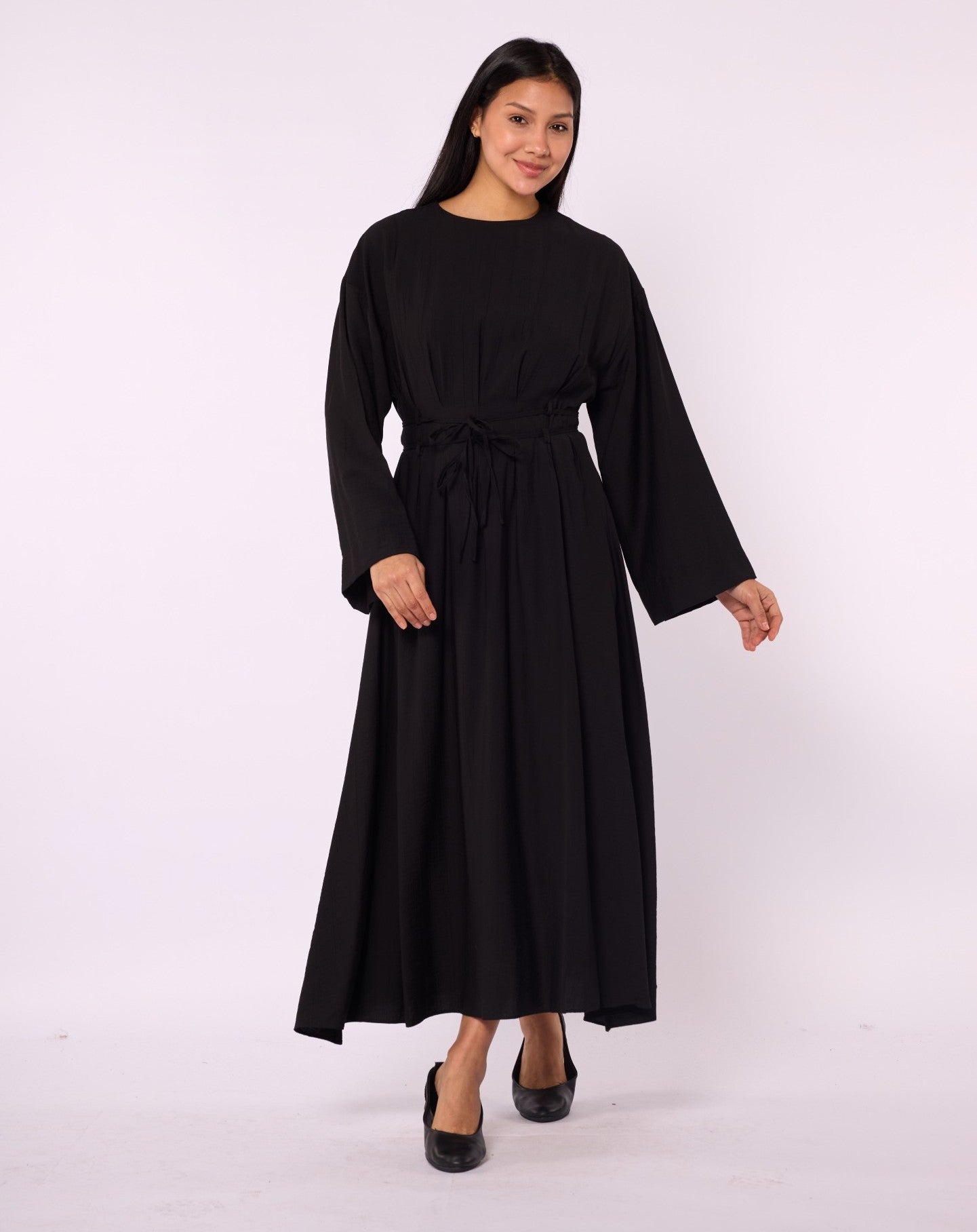 Pleated Long Dress with Waist Tie Detail