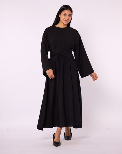 Pleated Long Dress with Waist Tie Detail