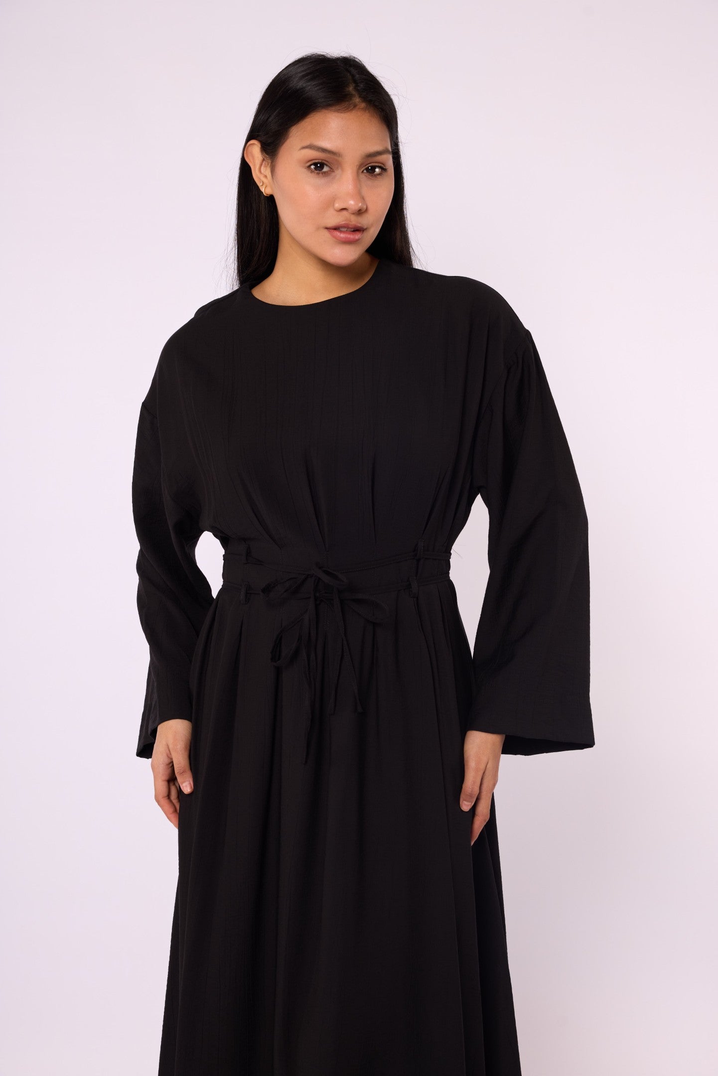 Pleated Long Dress with Waist Tie Detail