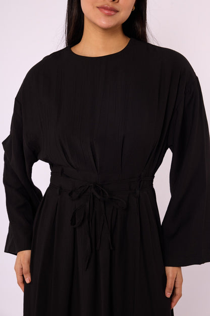 Pleated Long Dress with Waist Tie Detail