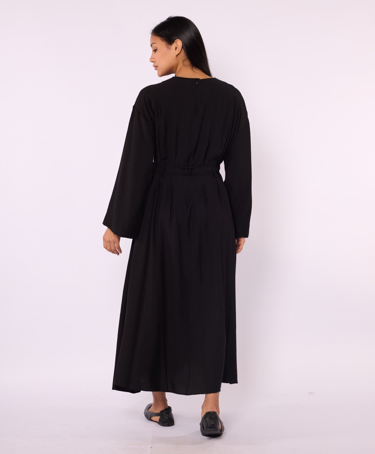 Pleated Long Dress with Waist Tie Detail