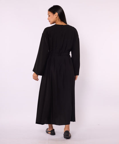 Pleated Long Dress with Waist Tie Detail
