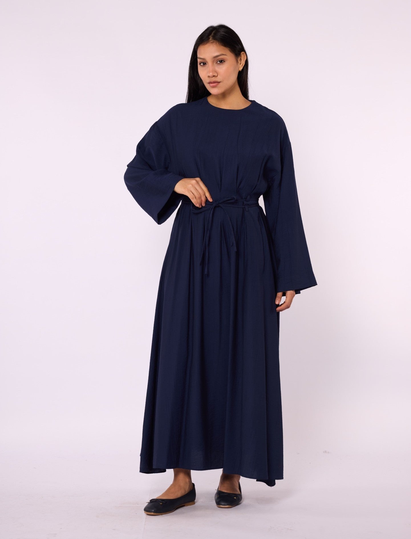 Pleated Long Dress with Waist Tie Detail