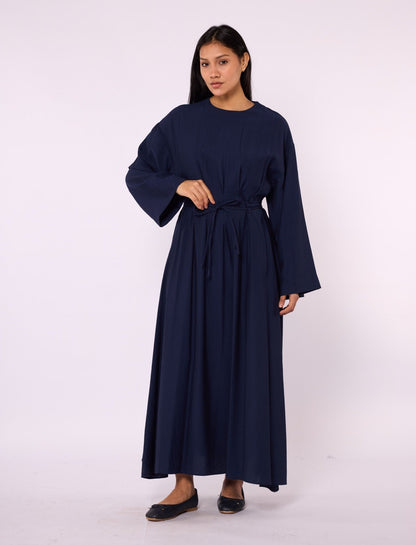 Pleated Long Dress with Waist Tie Detail