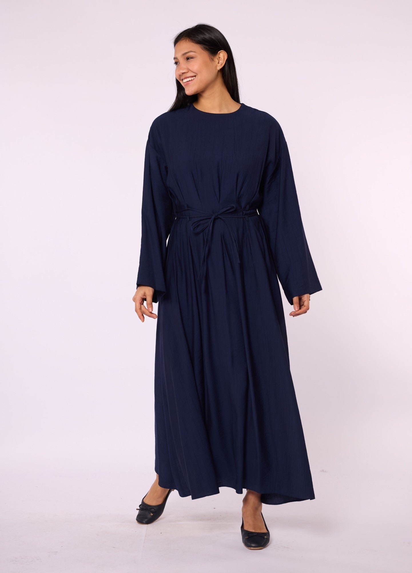 Pleated Long Dress with Waist Tie Detail