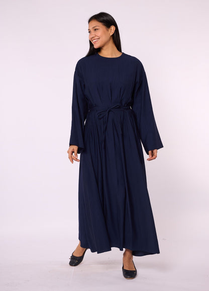 Pleated Long Dress with Waist Tie Detail