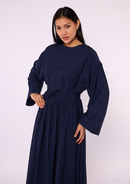 Pleated Long Dress with Waist Tie Detail