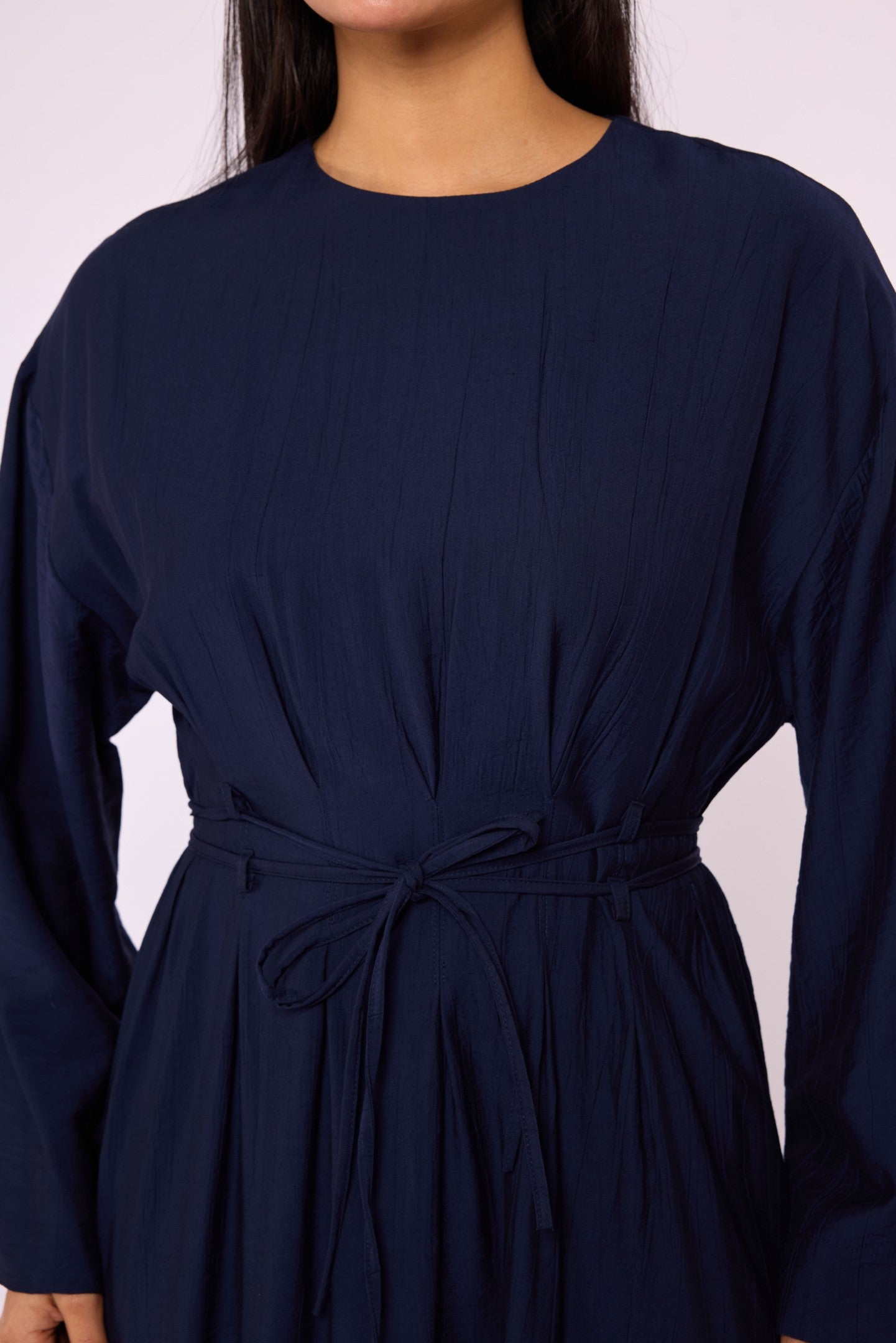 Pleated Long Dress with Waist Tie Detail